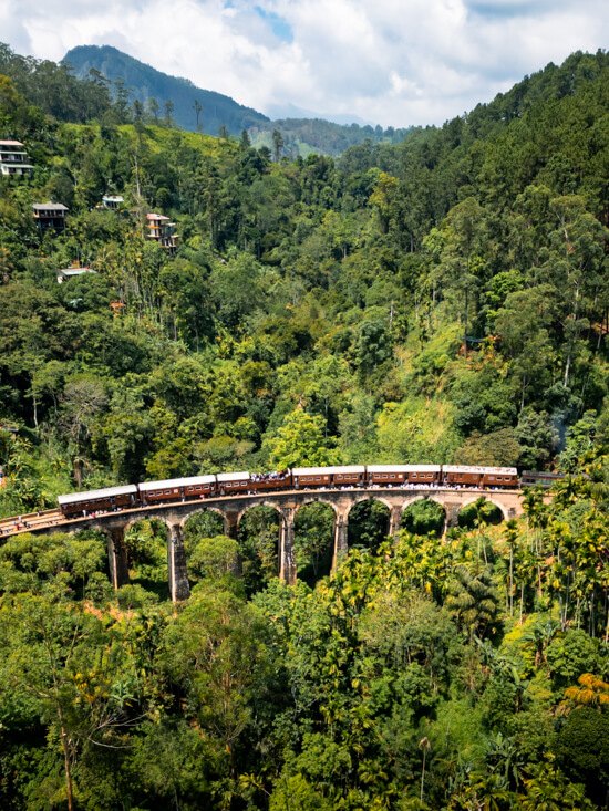 A drone photo of a train crossing the Nine Arch Bridge, surrounded by steep green hills and thick tropical vegetation.