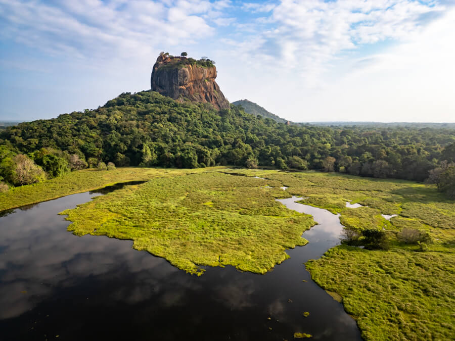 An aerial view of Sigiriya lake partially covered with green vegetation, and Sigiriya Rock in the background.