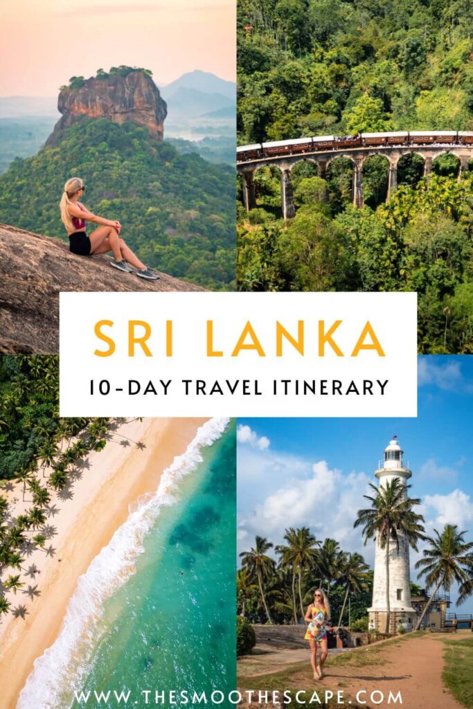 A Pinterest pin with images of Sigiriya Rock, Nine Arch Bridge, a beach and Galle Fort, and a text overlay stating: Sri Lanka 10-day travel itinerary.
