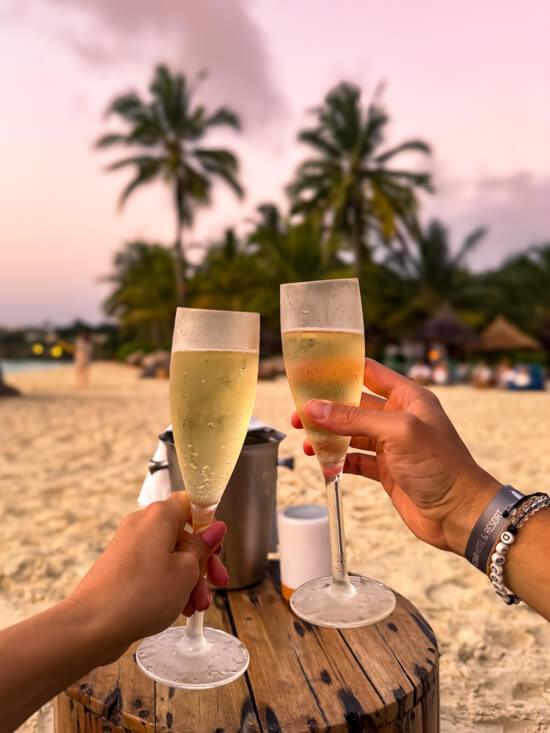My husband and I holding two glasses of champagne with palm trees and pink sunset sky in the background.