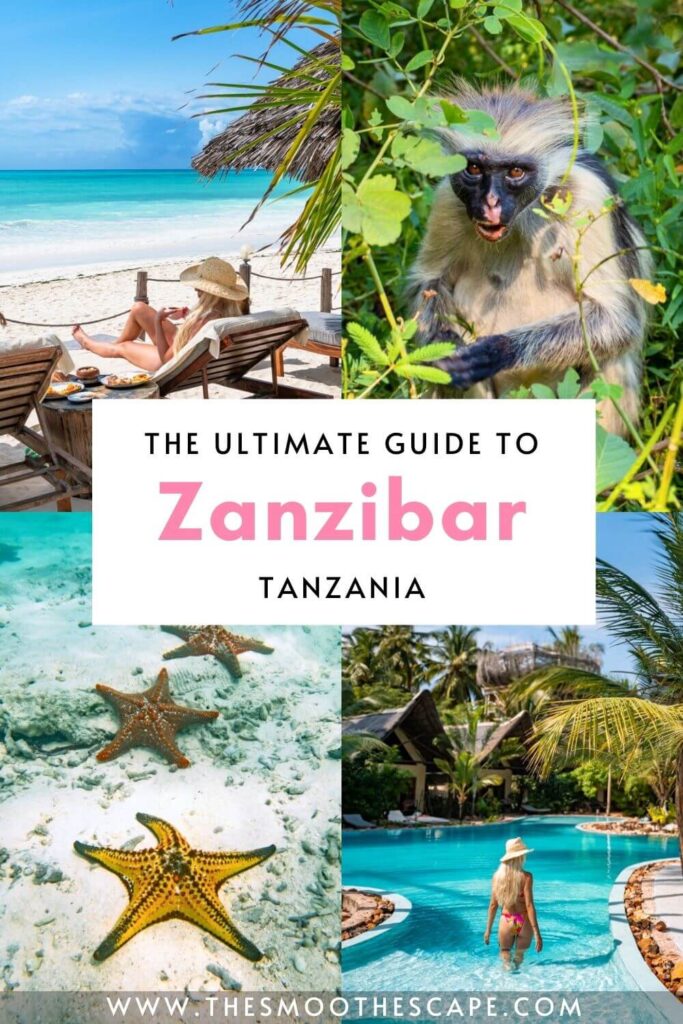 A Pinterest pin with images of a beach, a monkey, a pool and starfish and a text overlay stating: The ultimate guide to Zanzibar, Tanzania.