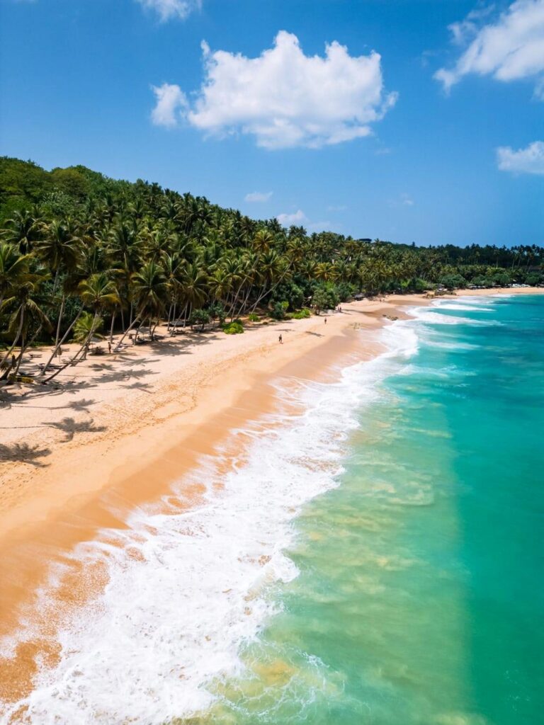 A drone shot of Silent Beach with its neon blue sea, countless palm trees and golden sand on a sunny, clear day in April.