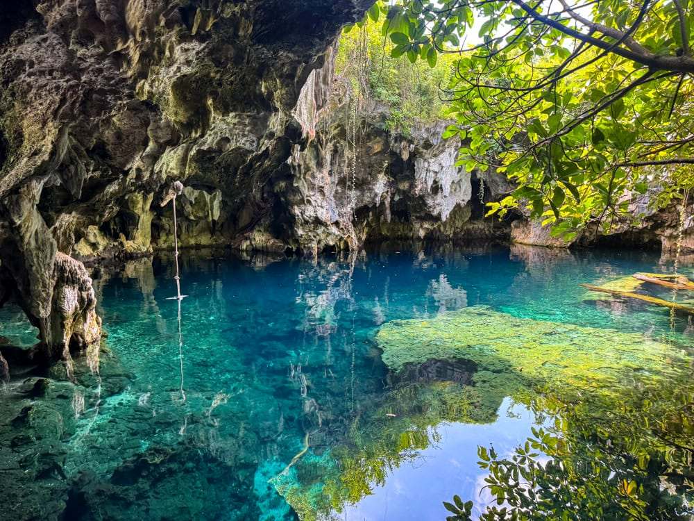 A natural swimming pool with turquoise water surrounded by limestone cave and green vegetation.