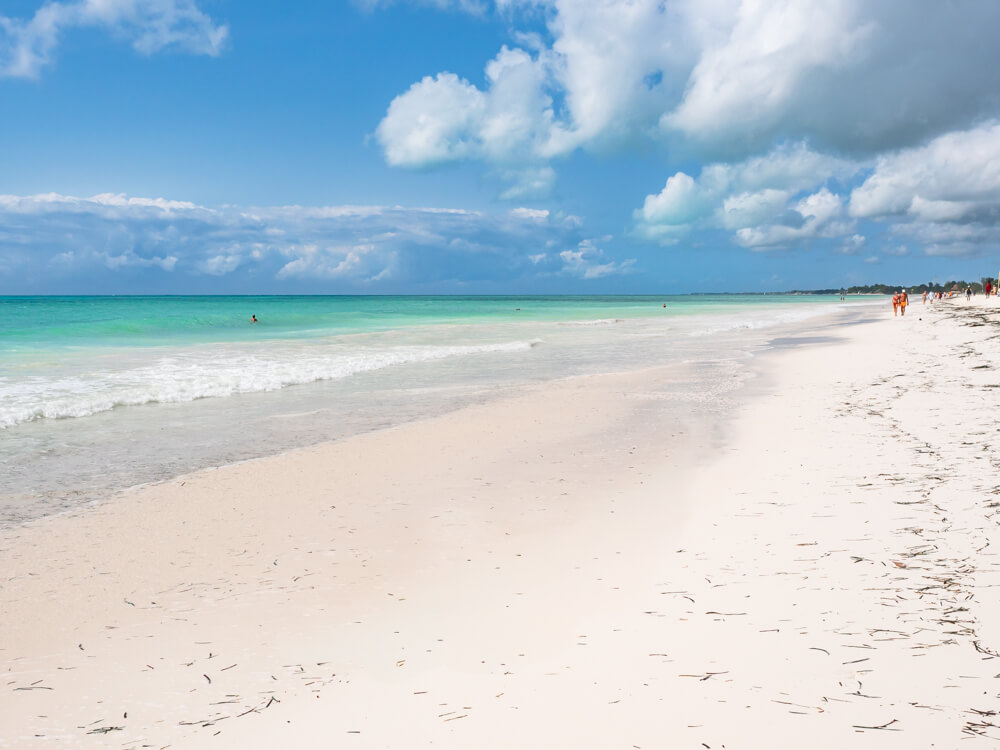 A long stretch of white sand and blue-green ocean with gentle waves at Paje Beach, one of the best places to visit in Zanzibar.