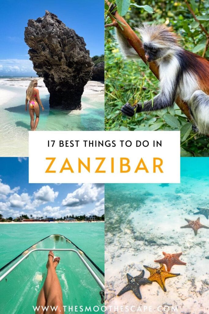 A Pinterest pin with 4 images (a rock formation, a monkey, a clear kayak, and starfish), and a text overlay stating '17 best things to do in Zanzibar'.