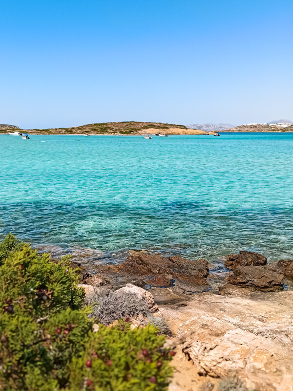 Vivid blue water of Camping Beach, with green vegetation in the foreground and a small islet on the horizon.