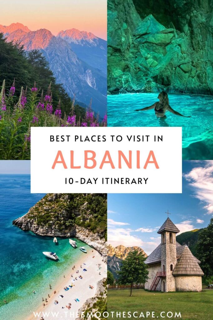 A Pinterest pin featuring images of the Albanian Alps, the Blue Cave, Grama Bay and the Church of Theth, with a text overlay stating 'Best places to visit in Albania, 10-day itinerary'.